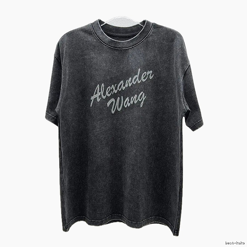 Alexander Wang Distressed Charcoal Gray Rhinestone-embellished Short Sleeve T-Shirt