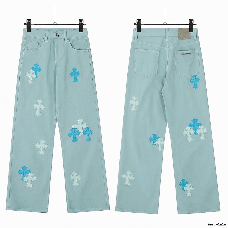 Chrome Hearts Cross Trend Brand Light Blue Jeans
