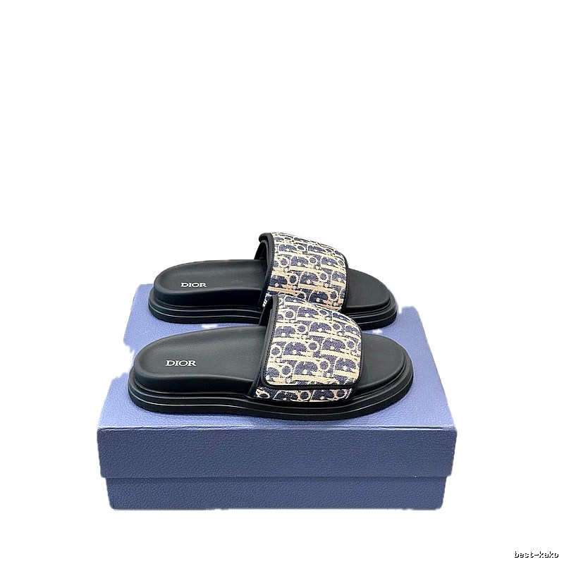 Dior Oblique Collection Light Luxury Style Blue-Black Colorblock Slide Sandals