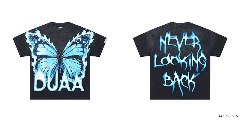 DUAA Butterfly Print Street Style Black and Blue Short-sleeved T-shirt