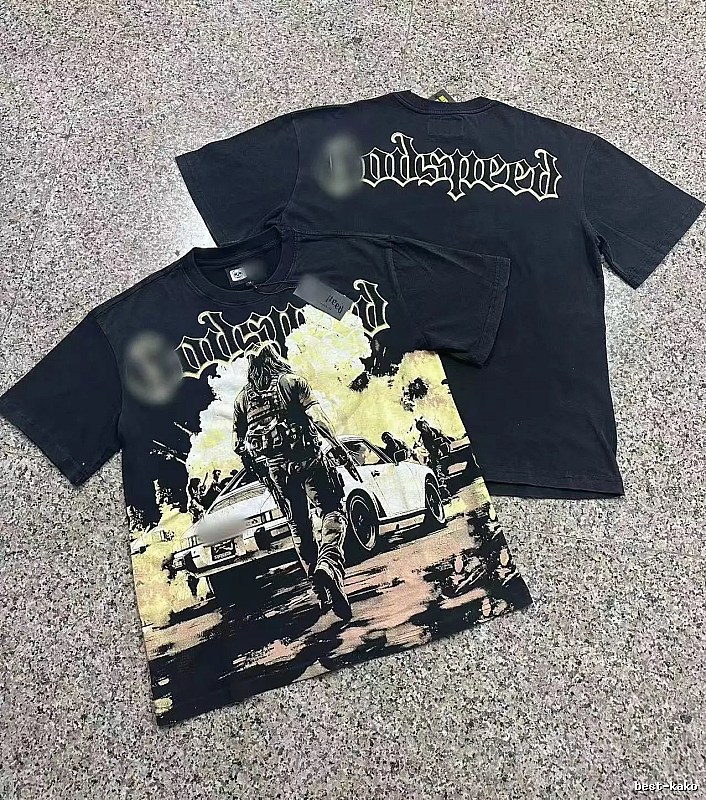 Godspeed Gunfight Print Vintage-Style Black T-Shirt