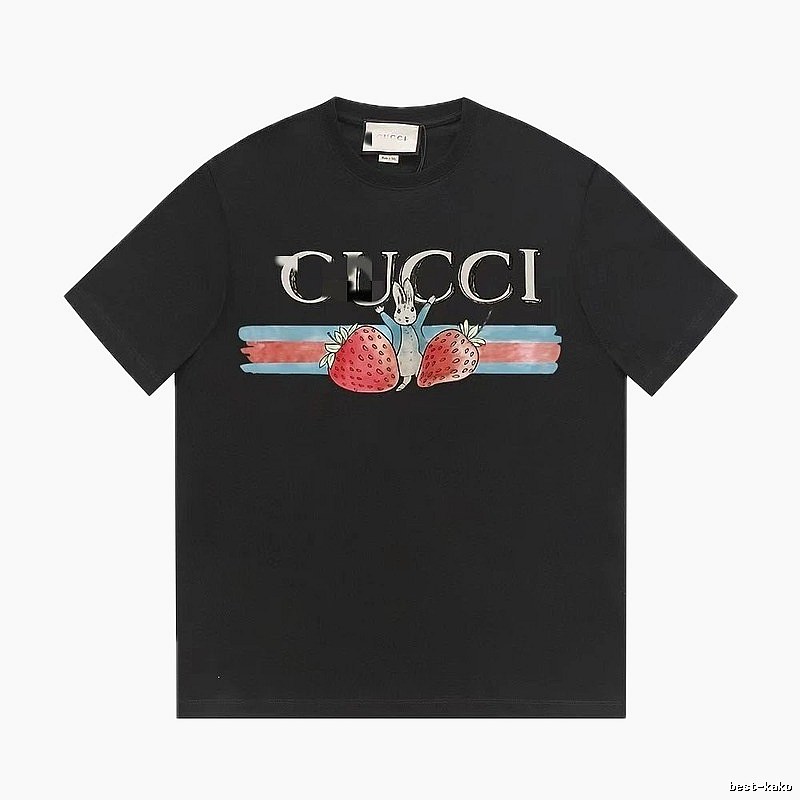 Gucci Strawberry Rabbit Print Collection Casual Style Black T-Shirt