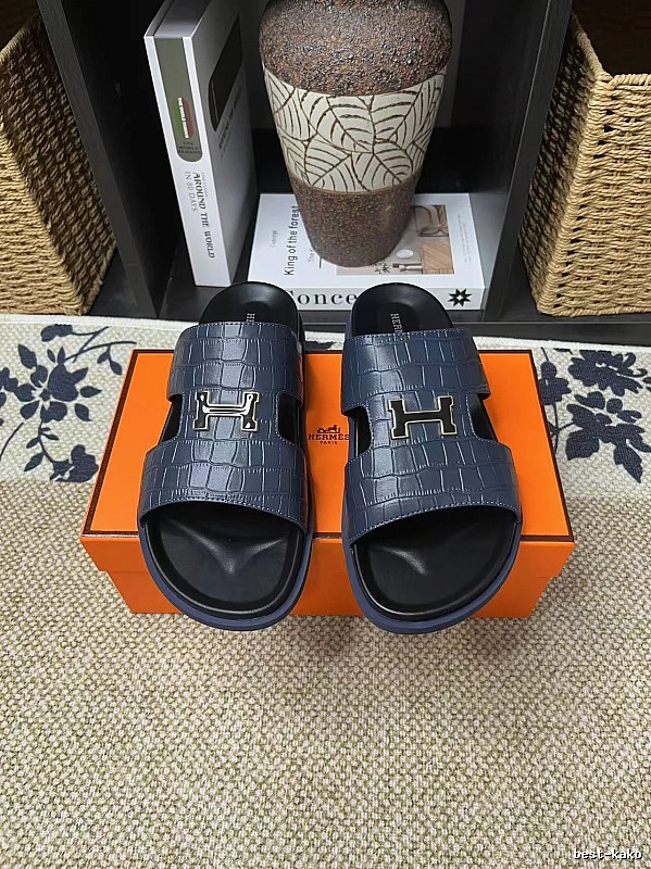 Hermès H-Buckle Collection Light Luxury Style Navy Blue Slides