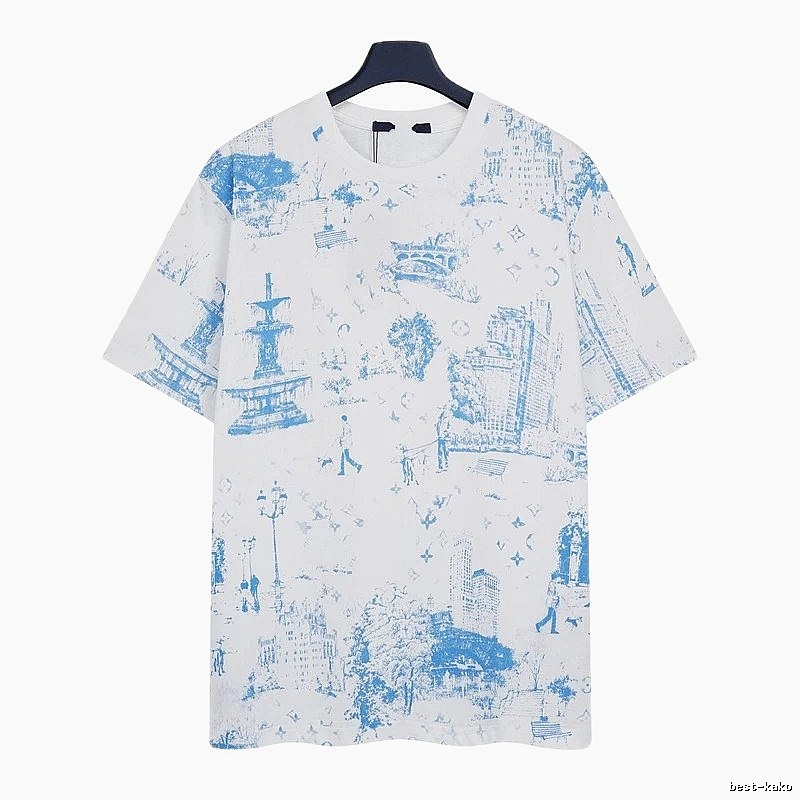 Louis Vuitton City Print Casual Style White and Blue T-Shirt