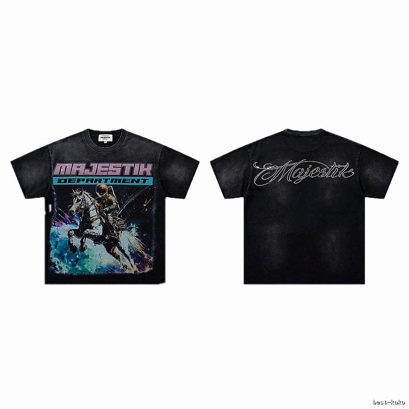 MAJESTIK Space Print Vintage Distressed Black T-Shirt