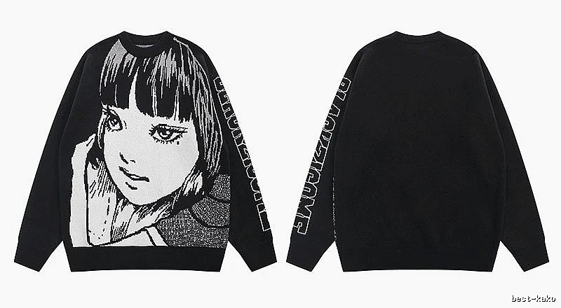 Relaxed Anime graphic sweater Black Knit Top with Versatile Design