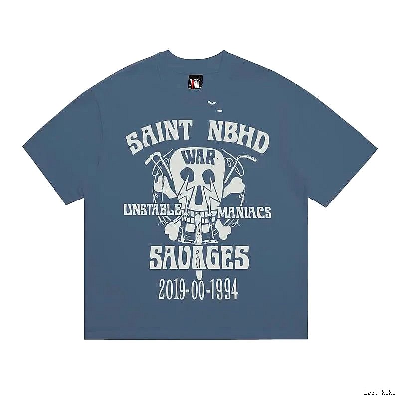 SAINT Skull Print Vintage Grey-Blue Short Sleeve T-Shirt