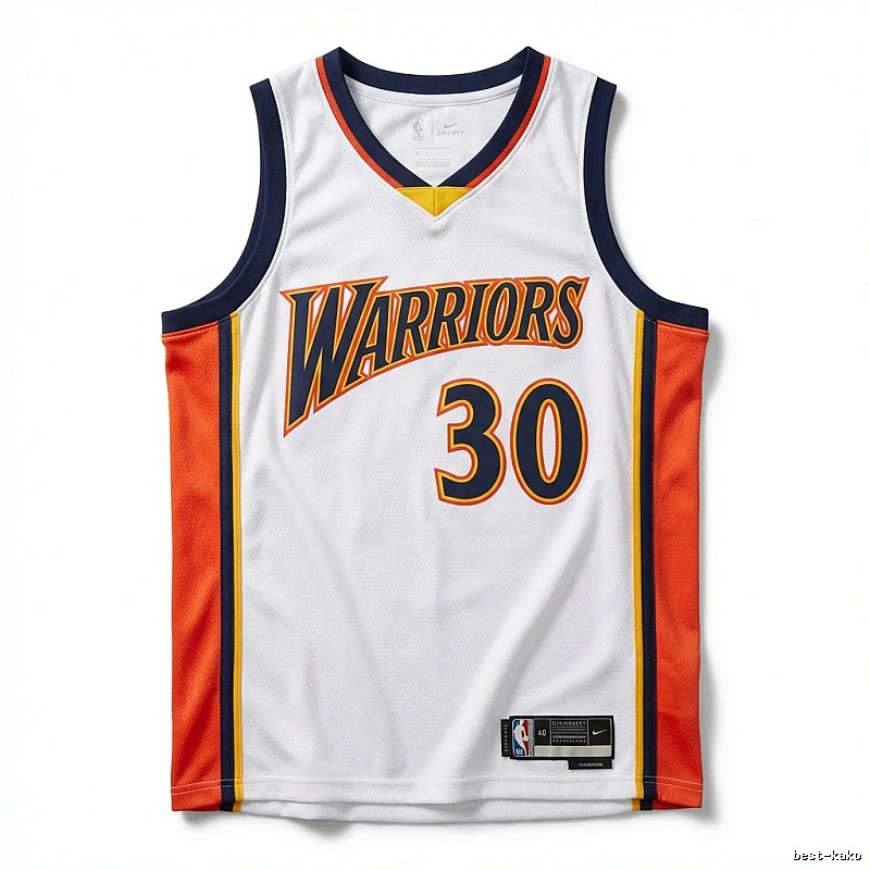 Warriors' Curry white and orange basketball jersey