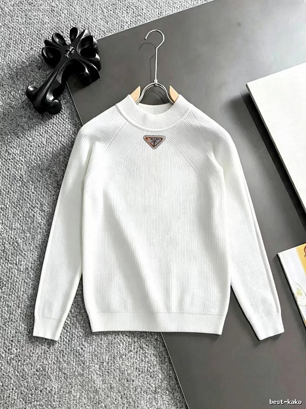 White Crewneck Knit Sweater with Prada Crewneck Sweater with Zip Detail