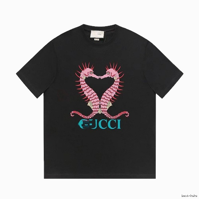 Gucci Double Seahorse Print Trendy Style Black T-Shirt
